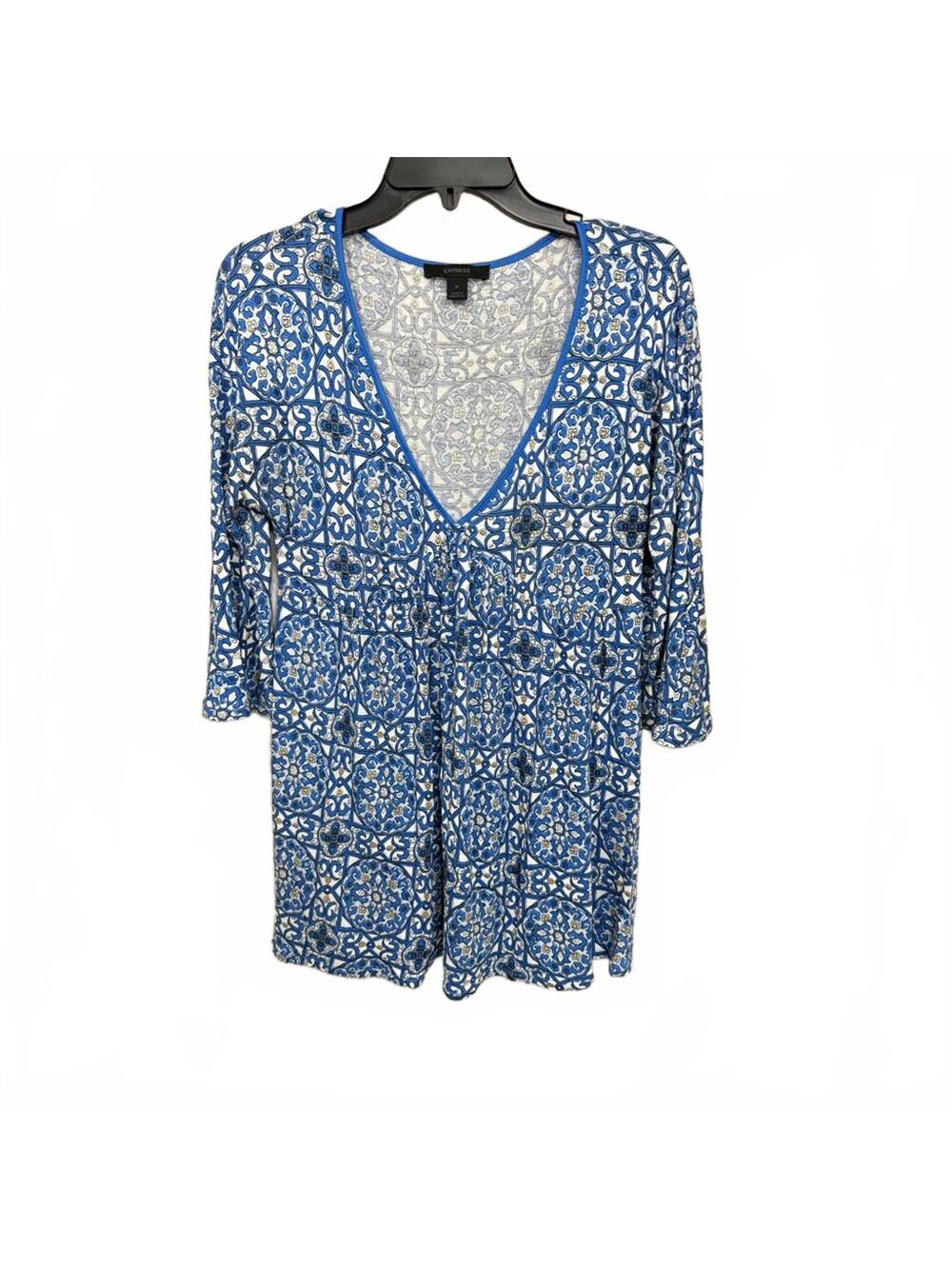 Express Y2K Blue Boho Printed V-Neck Blouse M 3/4 Sleeve Bohemian Top